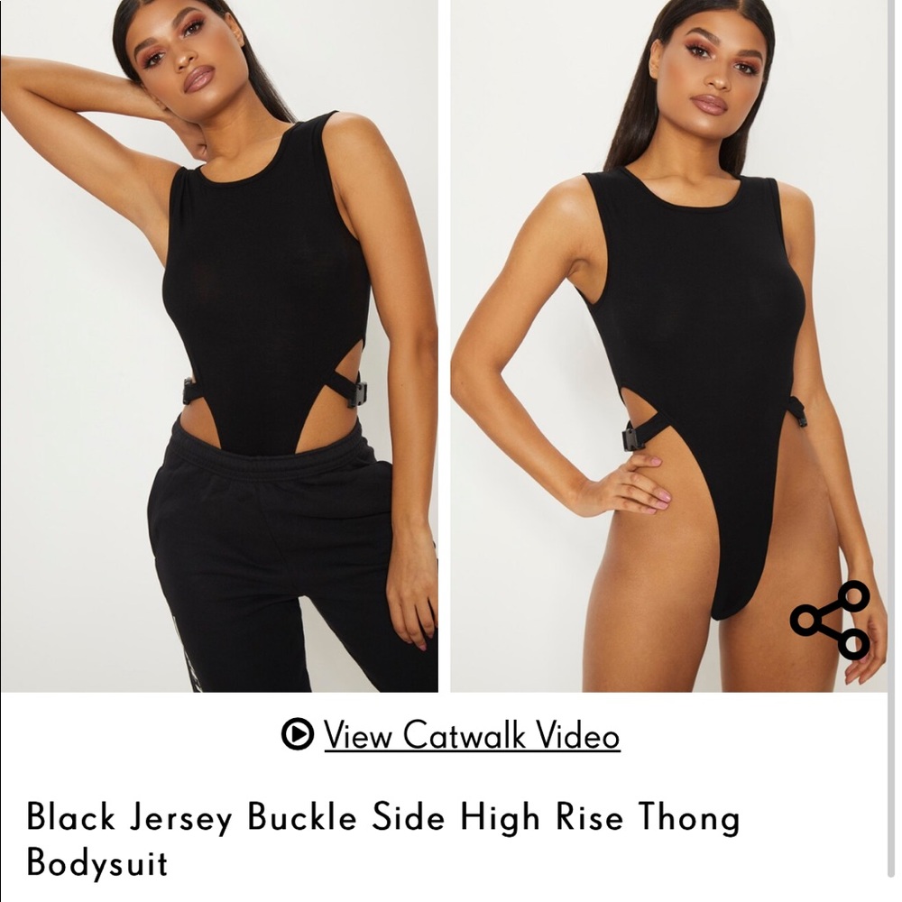 PrettyLittleThing Black Jersey Buckle Side High Rise Thong Bodysuit size small